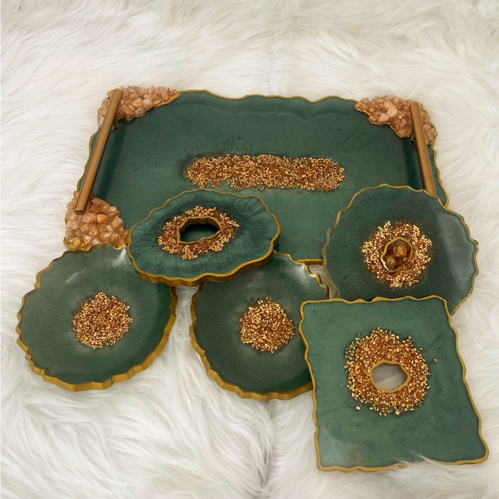 Green and Gold Resin Tray & Coasters Set